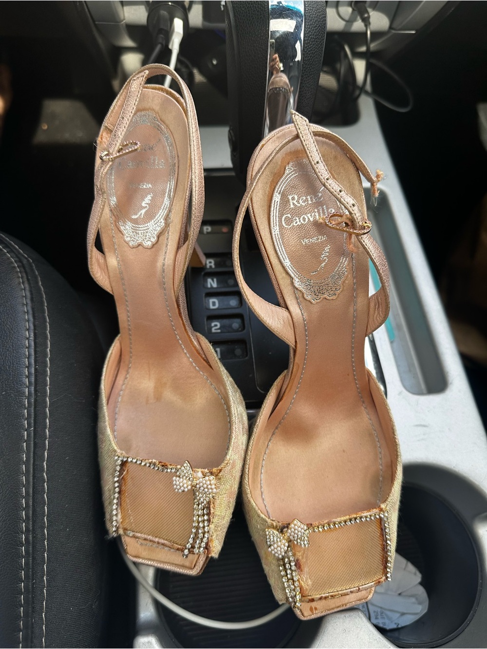 Rene Caovilla Gold Crystal Bow Slingback Heels